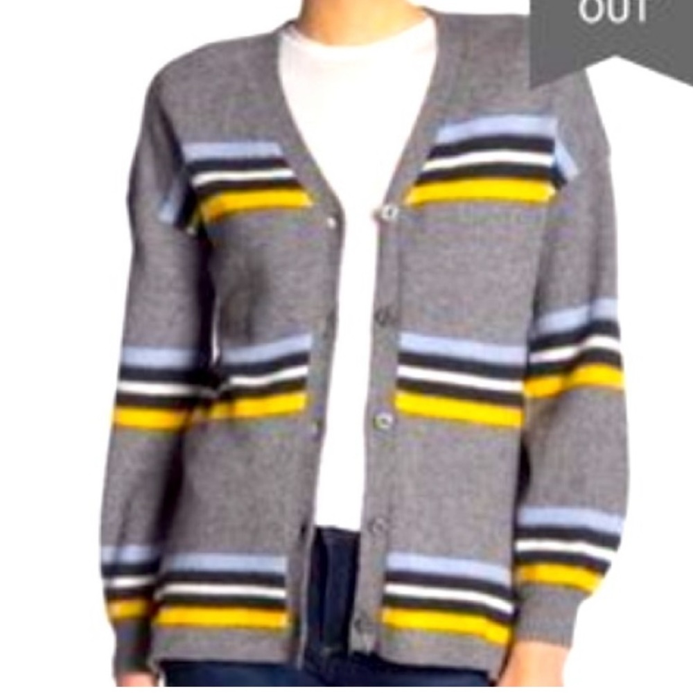 Democracy Heather & Stripe blue white navy & yellow 5 Buttons Front Cardigan SzS
